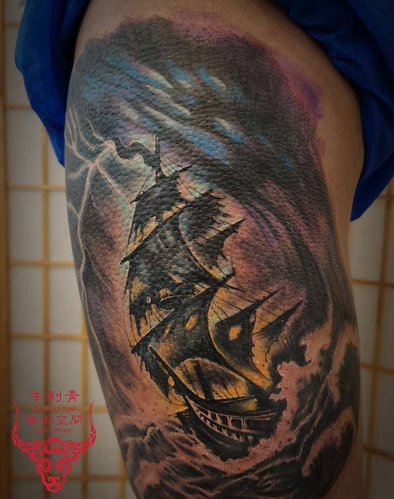 乘风破浪纹身图片_腿部欧美写实纹身图案