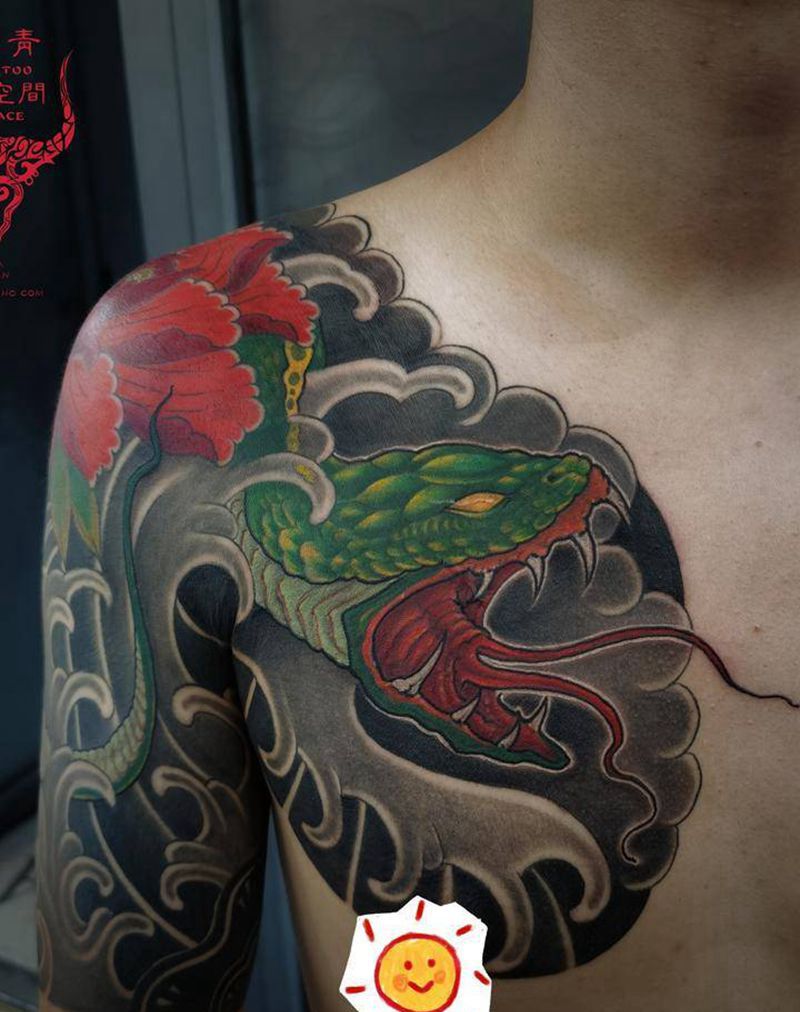 半甲纹身图片_胸部手臂老传统新传统纹身图案