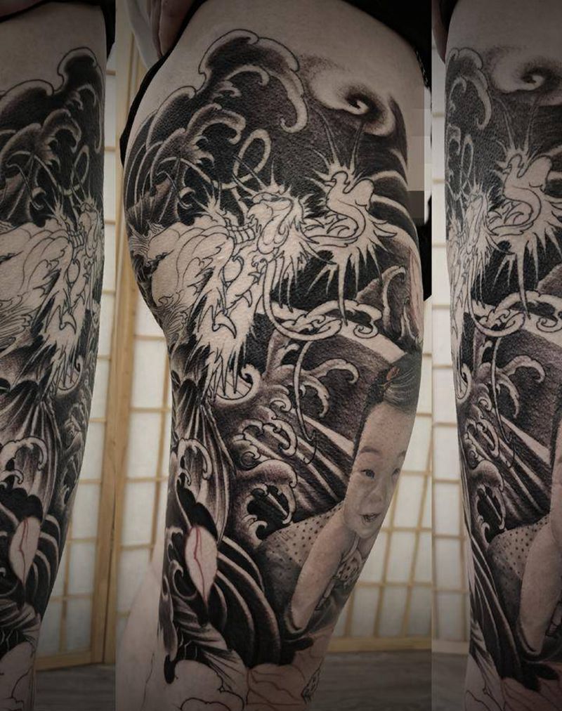 未完待续纹身图片_腿部老传统纹身图案