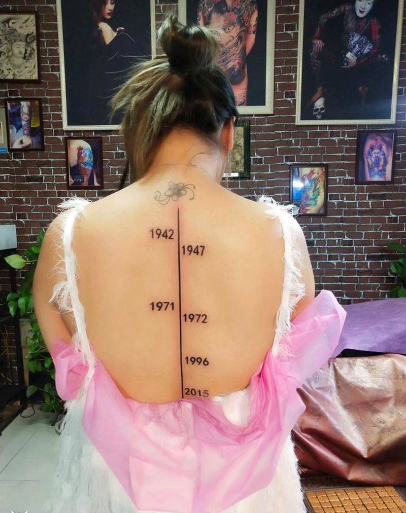 年份纹身图片_背部点刺几何纹身图案