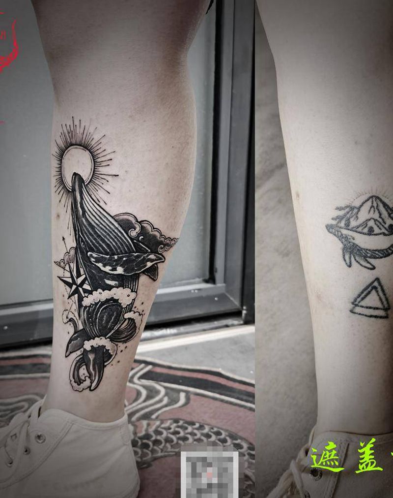 鲸纹身图片_腿部纹身图案