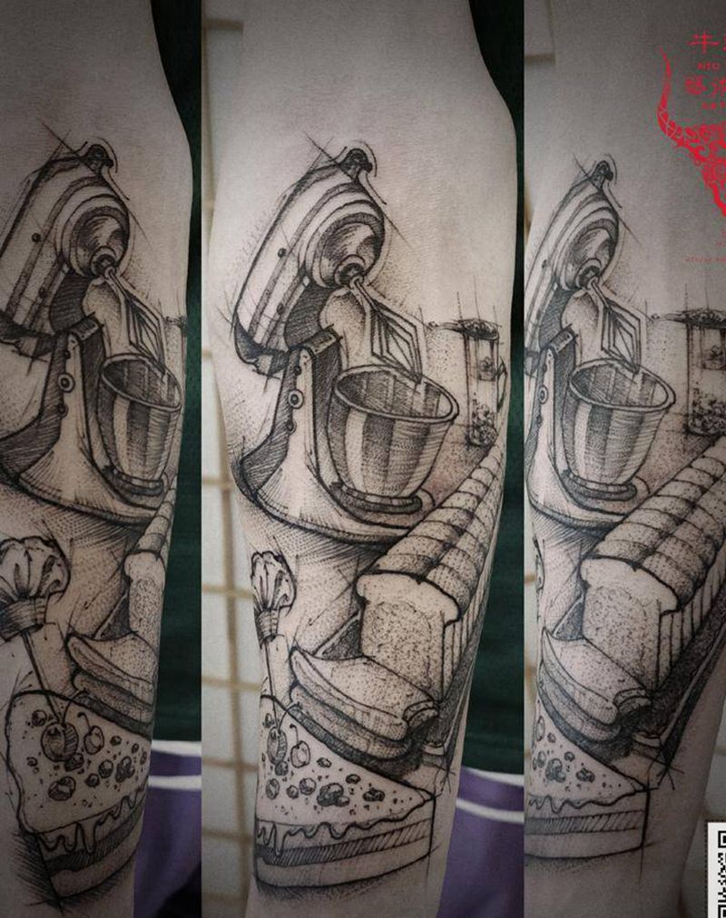 甜品师纹身图片_手臂点刺欧美写实纹身图案