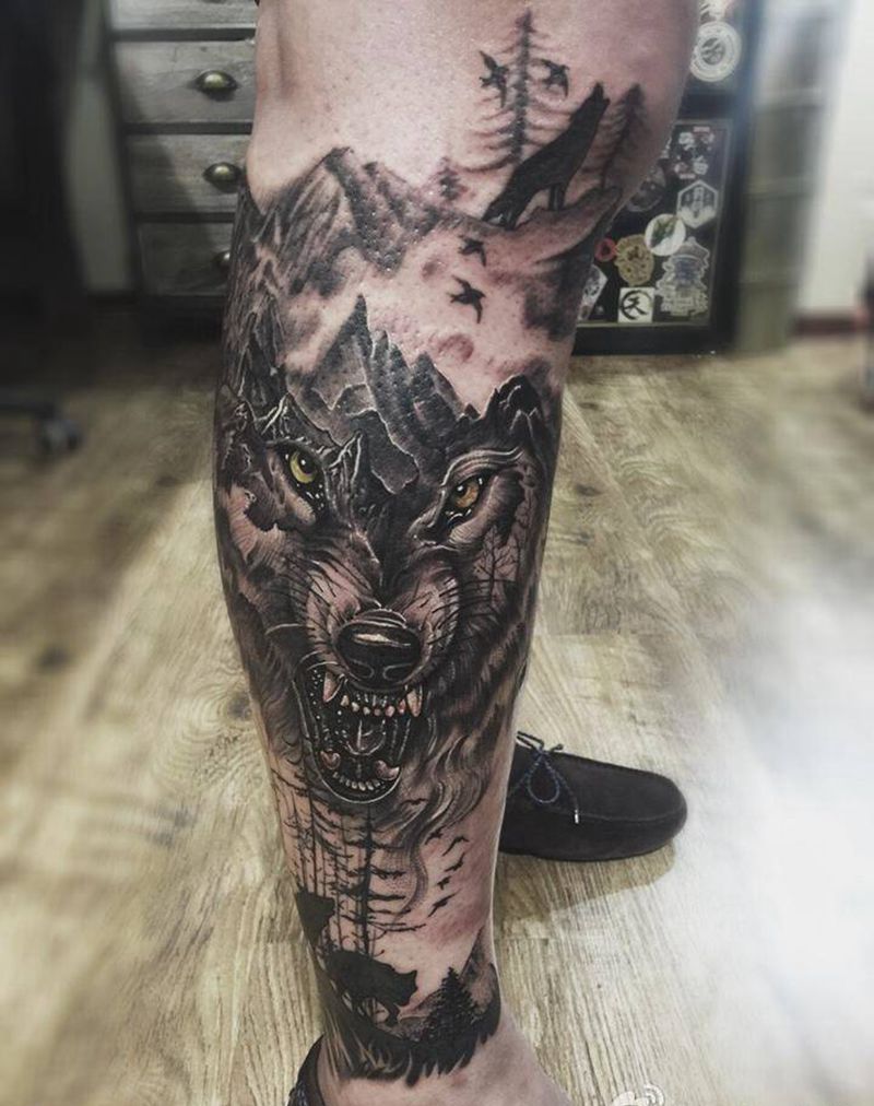 狼纹身图片_腿部欧美动物纹身图案