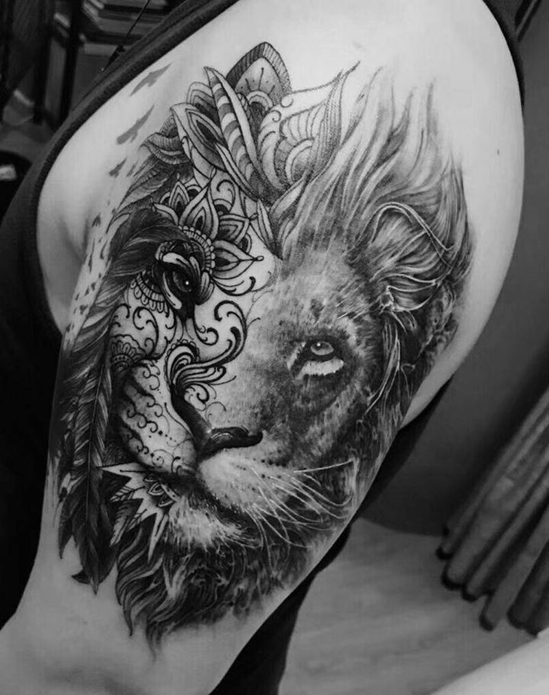 狮子纹身图片_手臂欧美写实纹身图案