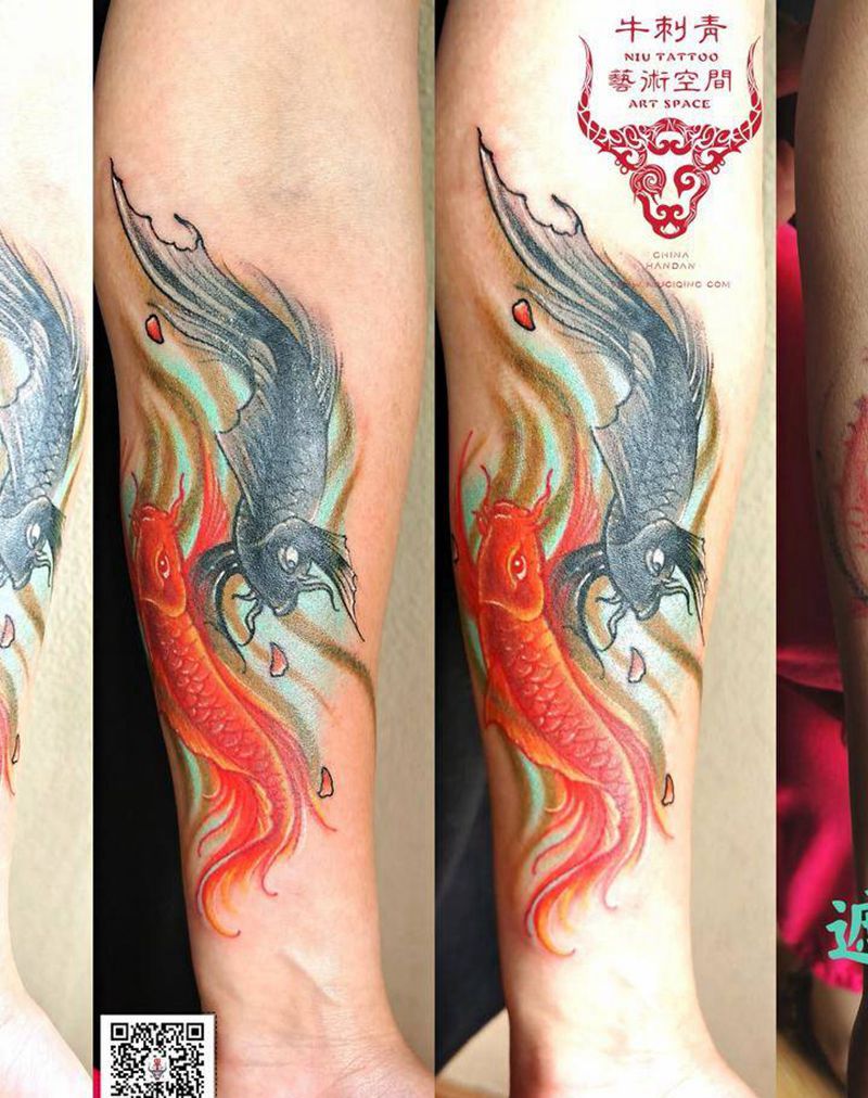 双鱼修改纹身图片_手臂水彩纹身图案