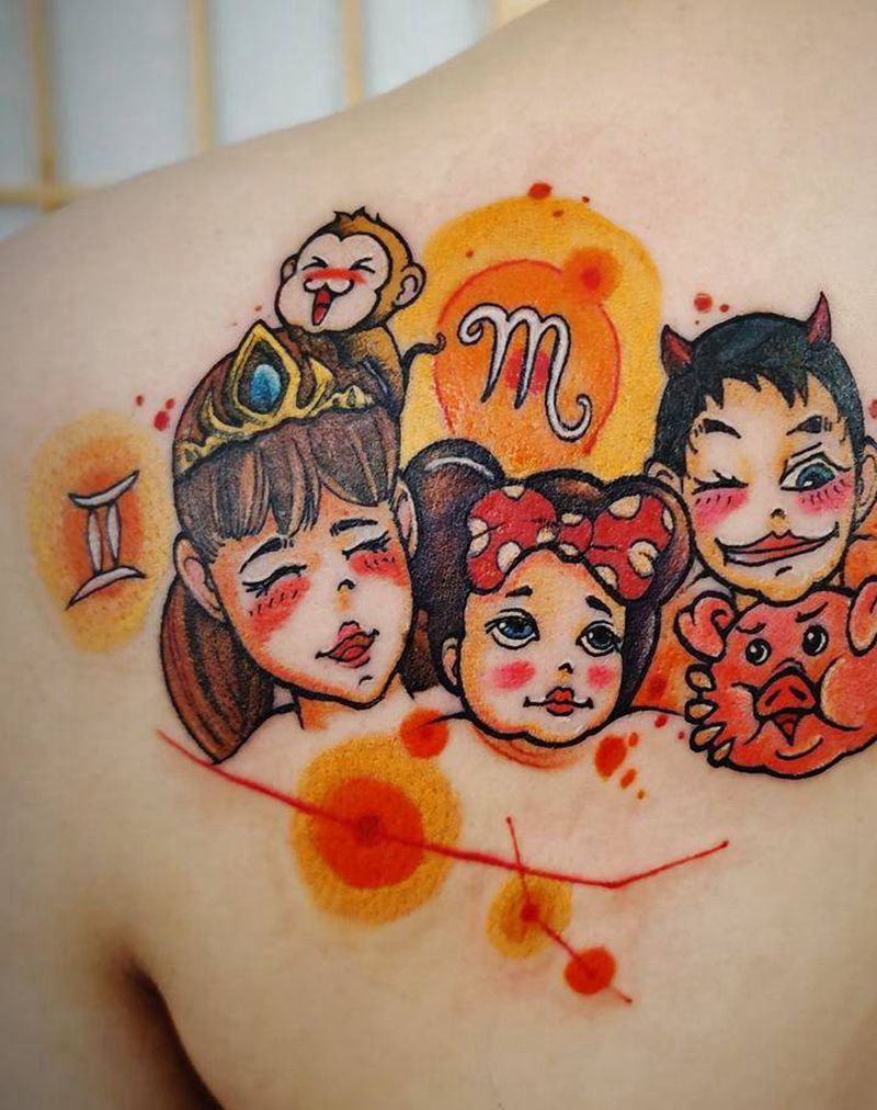 孩子们纹身图片_肩部New School纹身图案