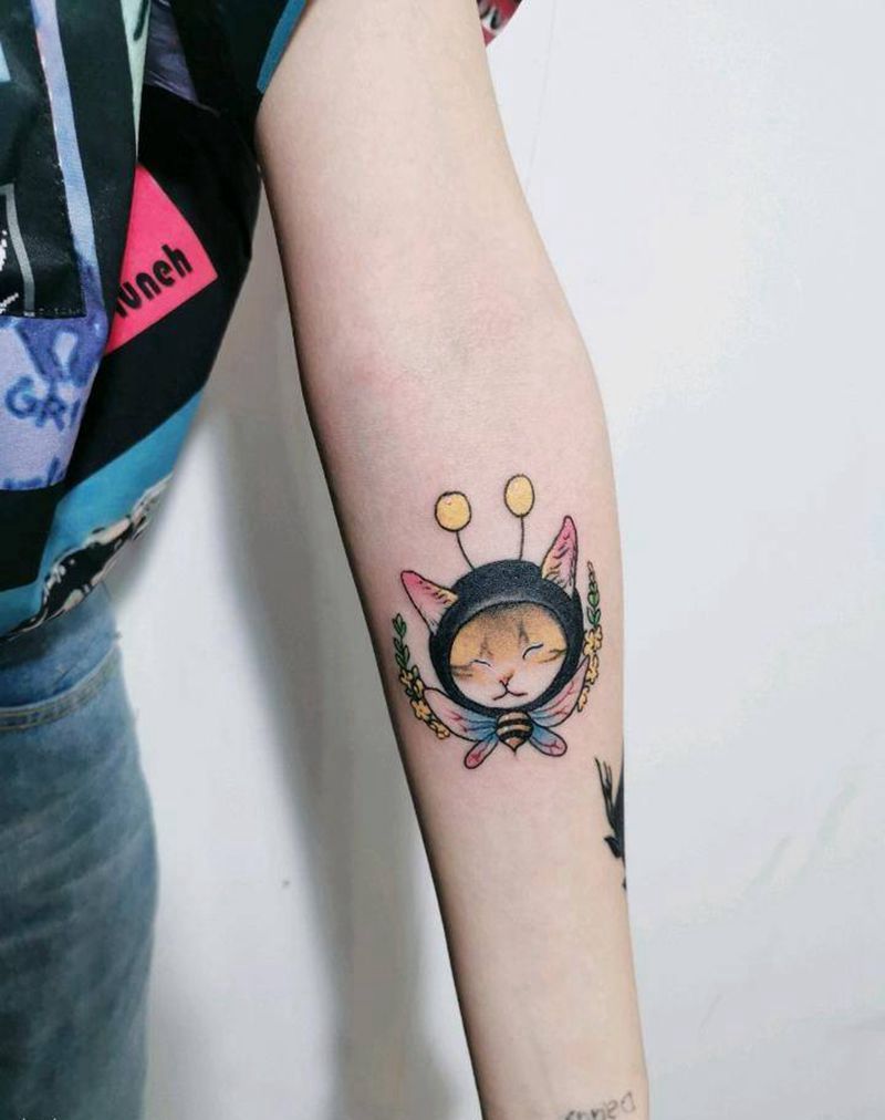 猫头纹身图片_手臂点刺New School纹身图案