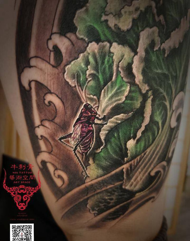 百财纹身图片_腿部欧美写实纹身图案