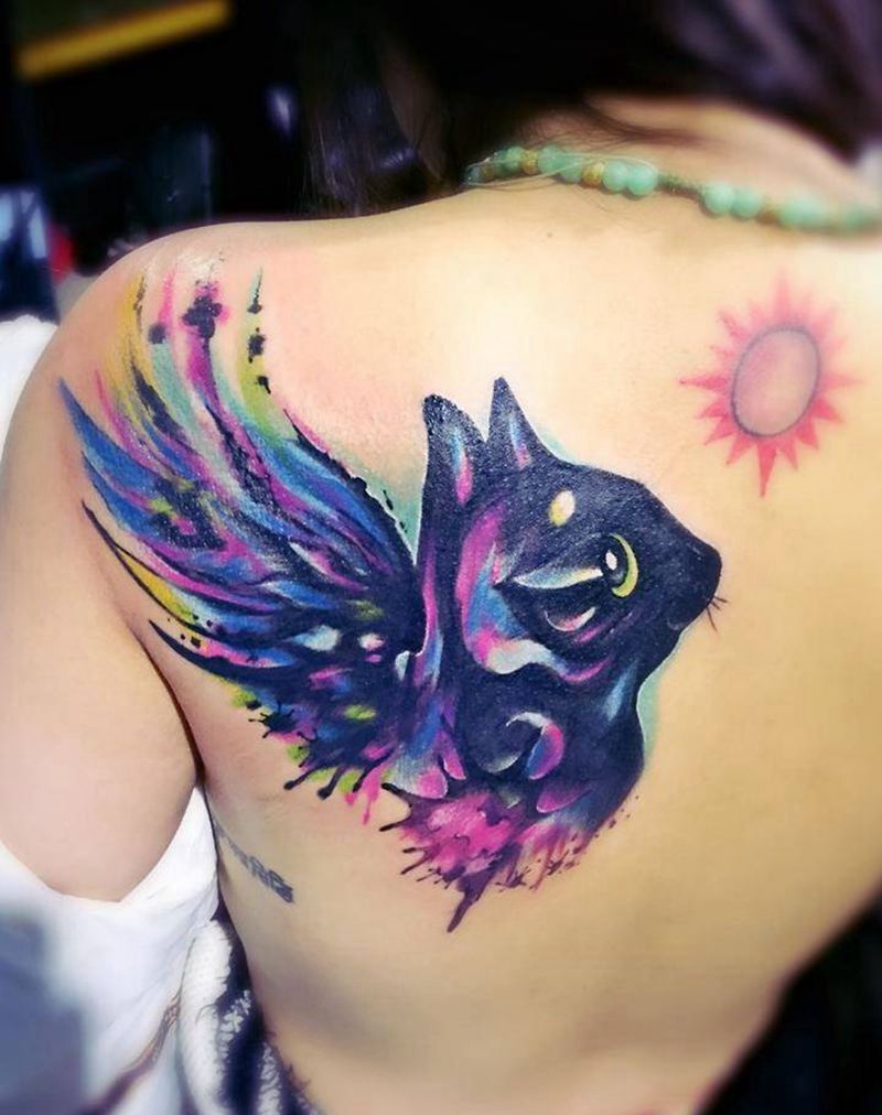 猫纹身图片_肩部欧美动物成品纹身图案