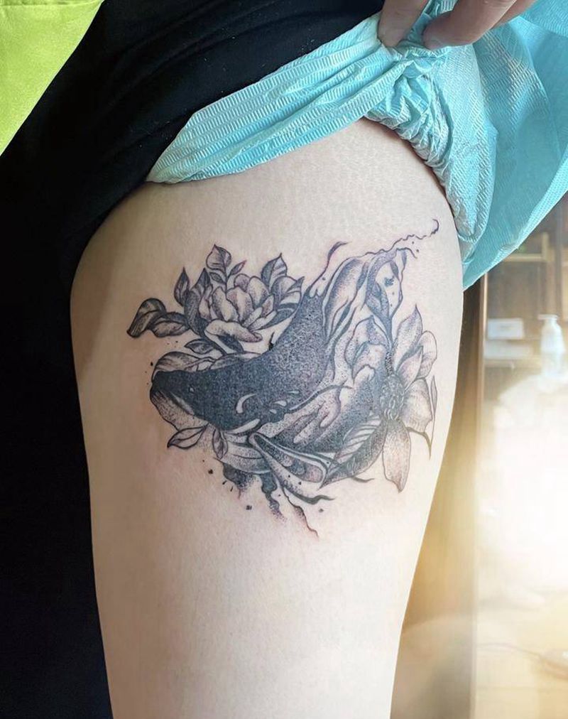 素花鲸鱼纹身图片_腿部点刺素花鲸鱼纹身图案