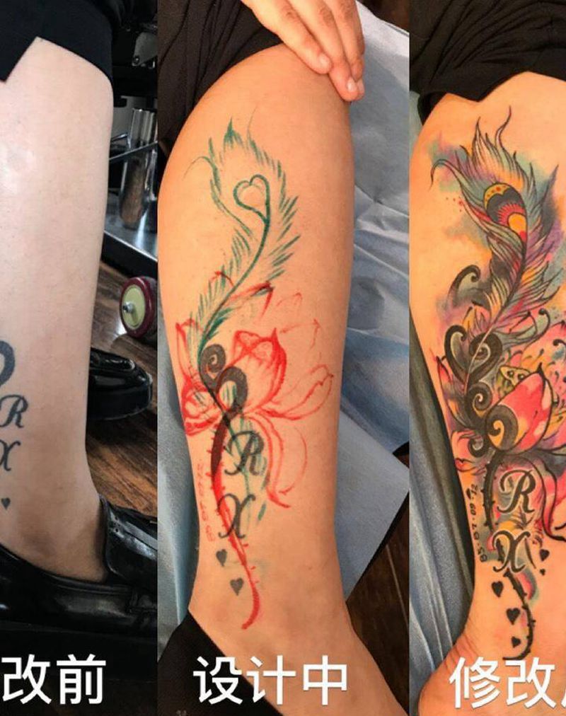 荷花与孔雀翎纹身图片