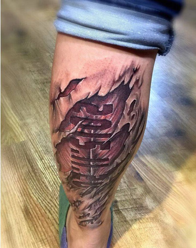 撕皮效果纹身图片_腿部欧美纹身图案