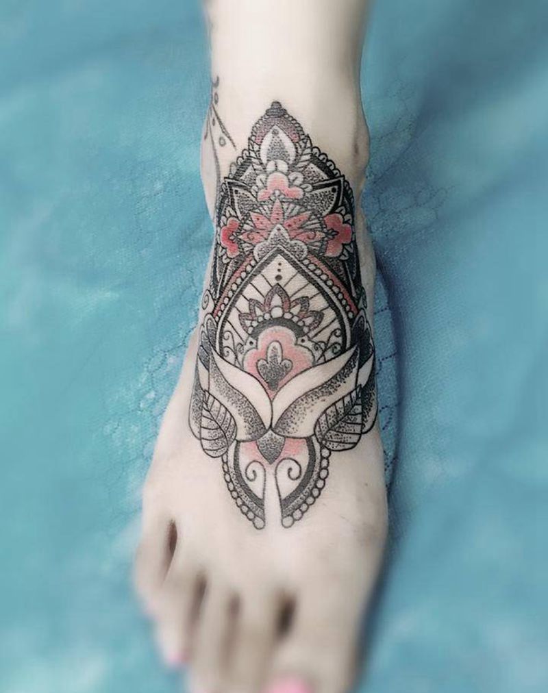 曼荼罗纹身图片_脚部传统几何图腾宗教成品纹身图案