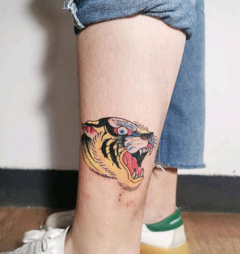 school虎头纹身图片_腿部Old School纹身图案