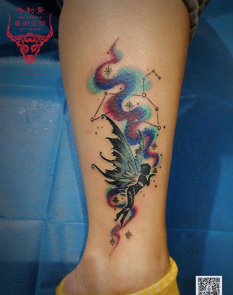 精灵纹身图片_腿部水彩纹身图案