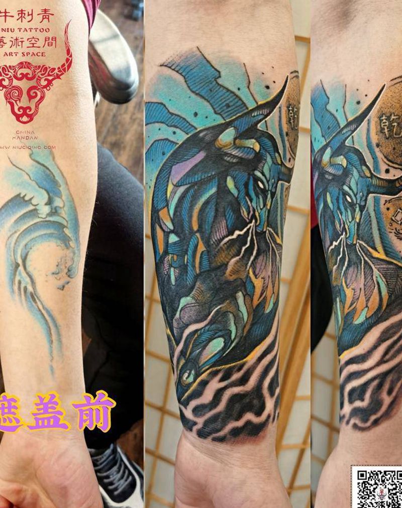 牛转乾坤纹身图片_手臂水彩纹身图案