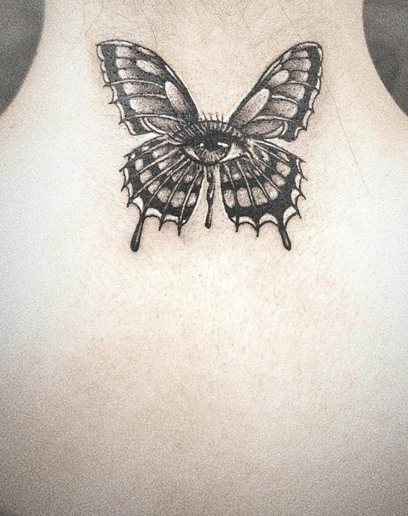 蝴蝶纹身图片_颈部点刺纹身图案