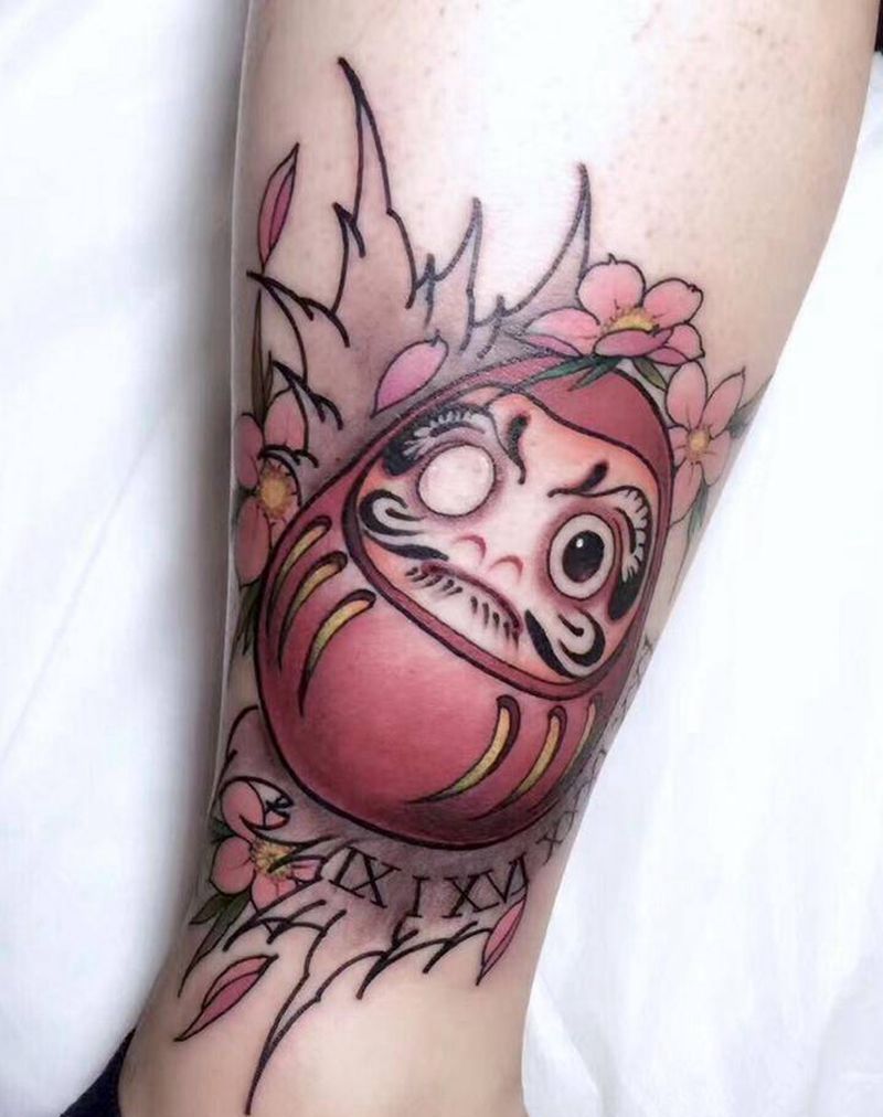 达摩纹身图片_腿部新传统纹身图案