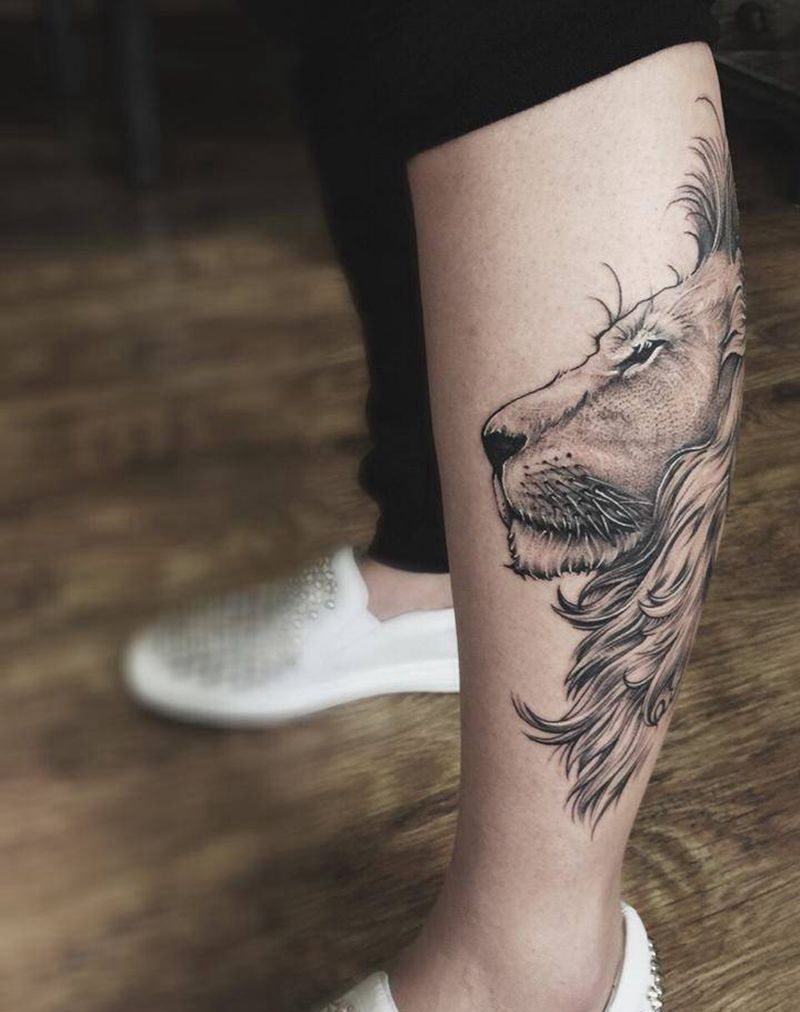 狮子纹身图片_腿部动物欧美纹身图案