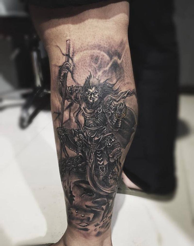 斗战圣佛纹身图片_原创传统腿部手稿纹身图案