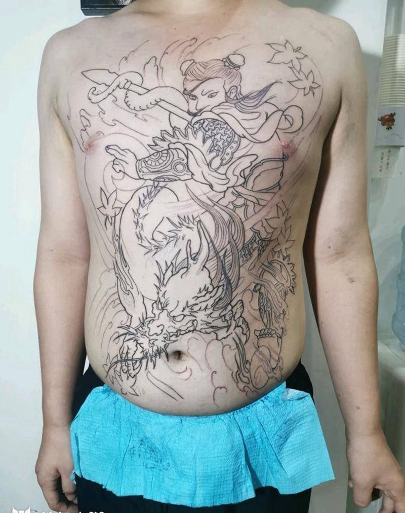 哪吒闹海纹身图片_腹部胸部新传统老传统纹身图案