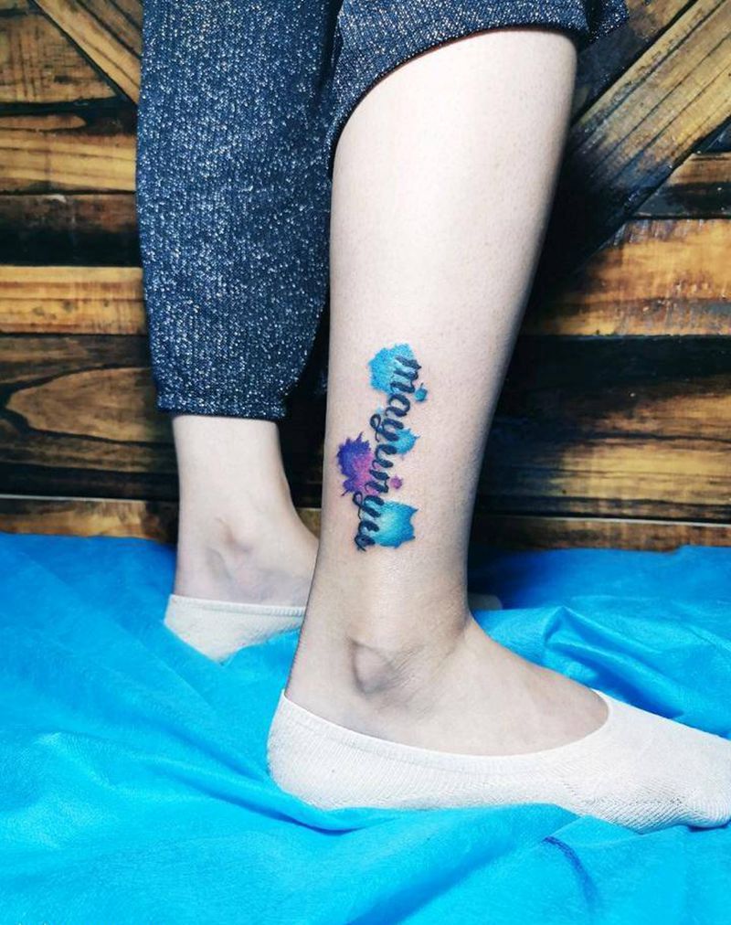水彩英文纹身图片_腿部水彩纹身图案