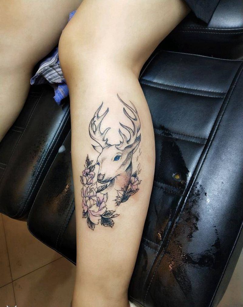 生财有鹿纹身图片_腿部点刺纹身图案