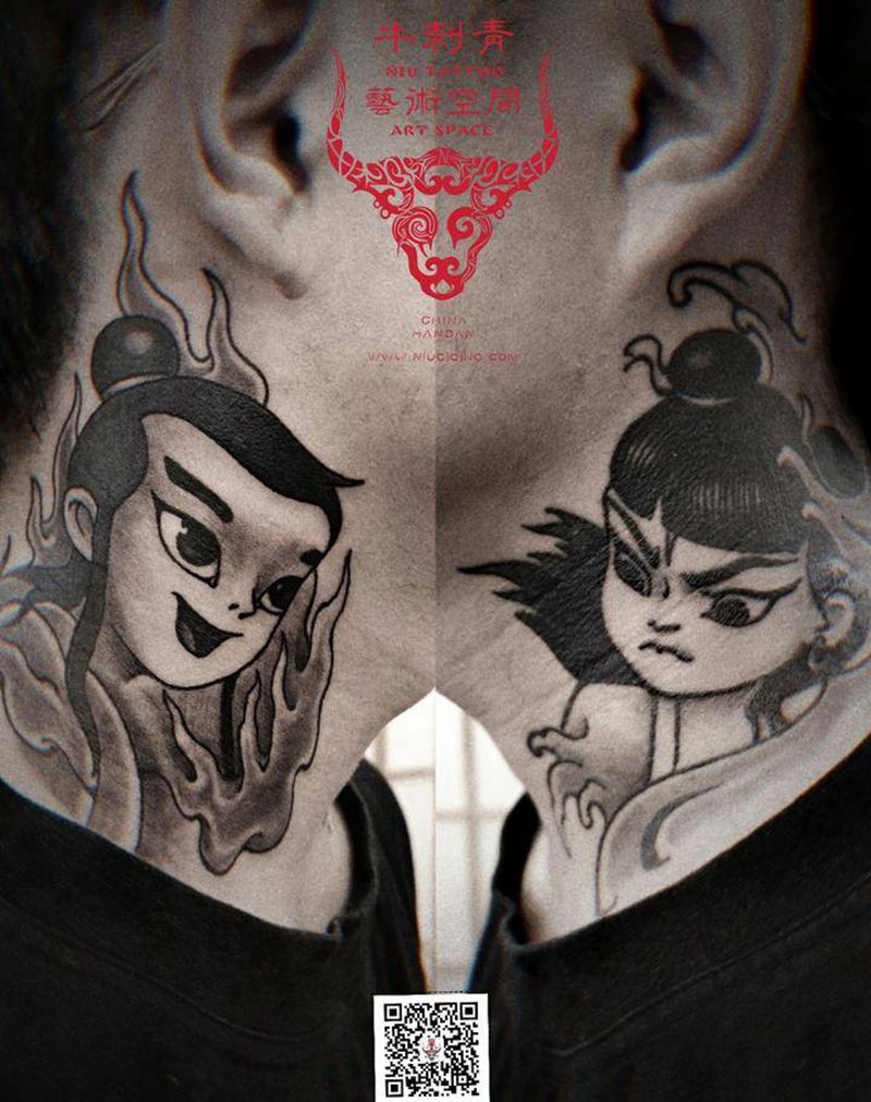 陈香与哪吒纹身图片_颈部纹身图案