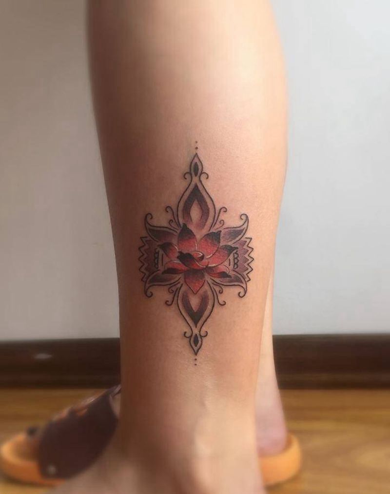 小荷花纹身图片_成品腿部清新植物图腾纹身图案