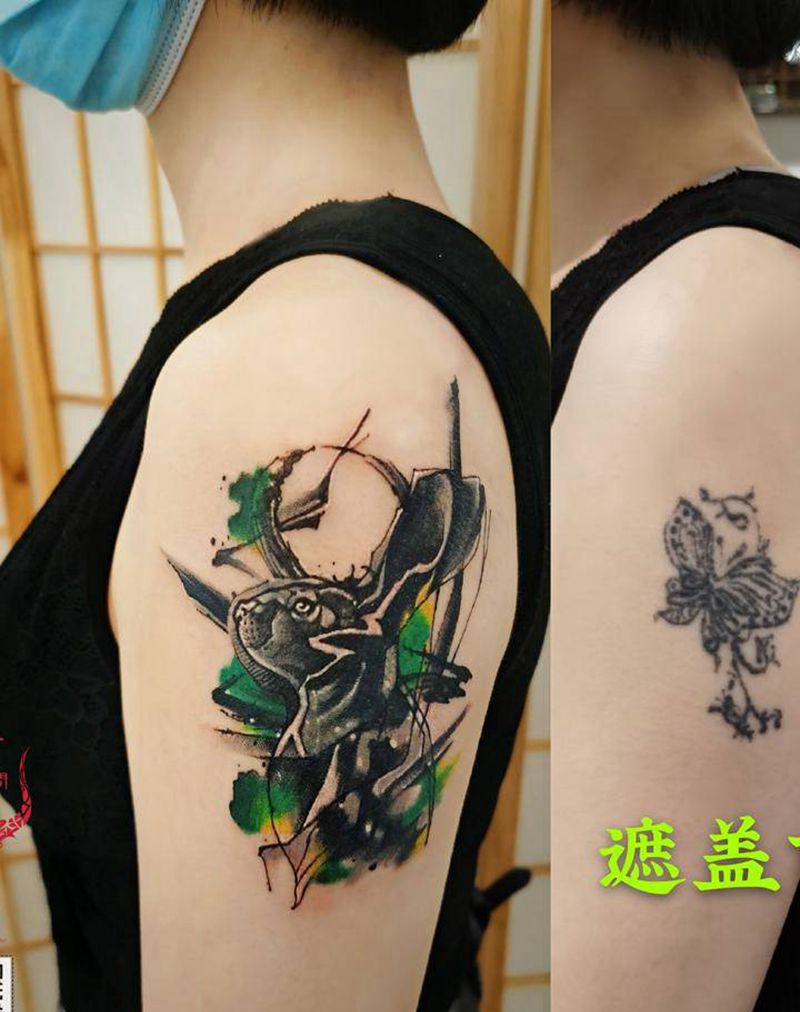 兔子纹身图片_手臂水墨水彩纹身图案