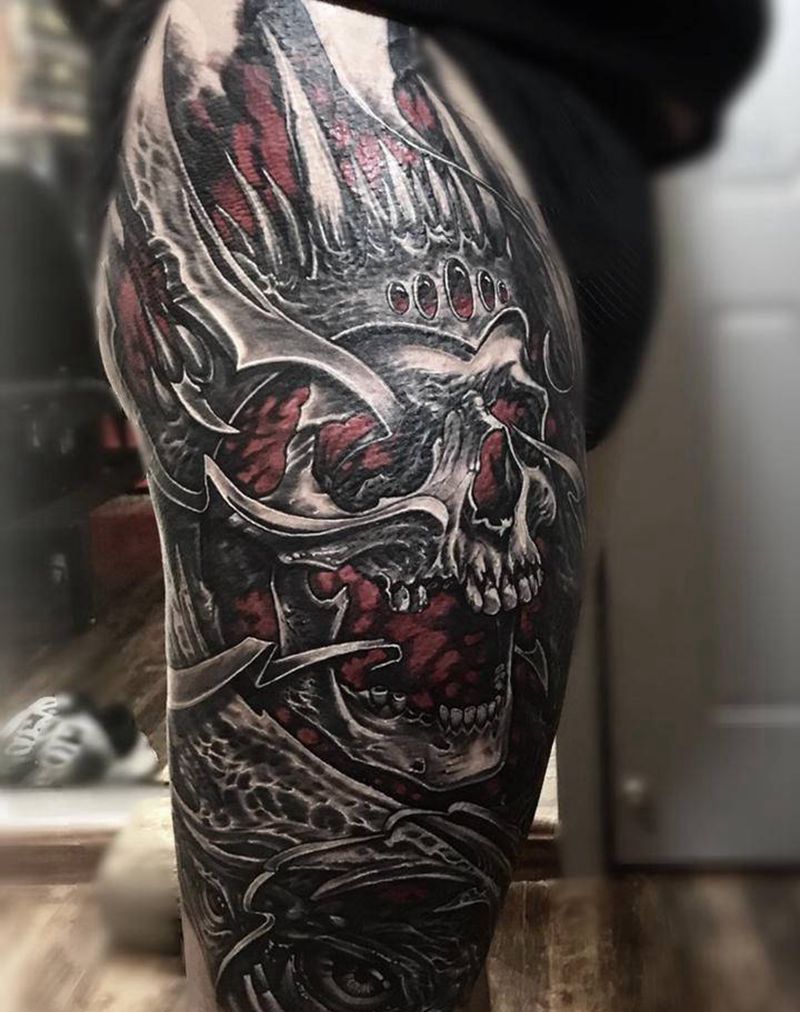 骷髅头骨纹身图片_腿部欧美写实纹身图案