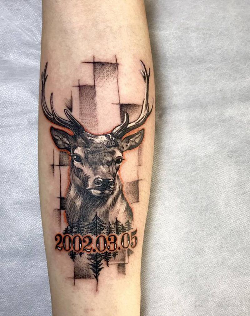 鹿纹身图片_手臂欧美写实纹身图案