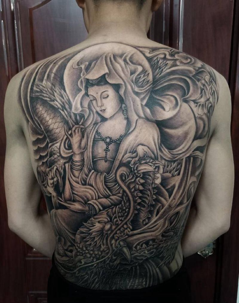 观音踏龙纹身图片_新传统纹身图案