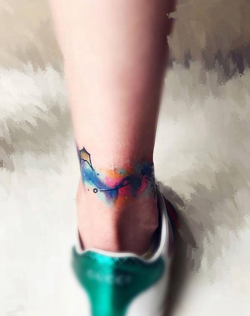 白羊座纹身图片_脚部水彩纹身图案