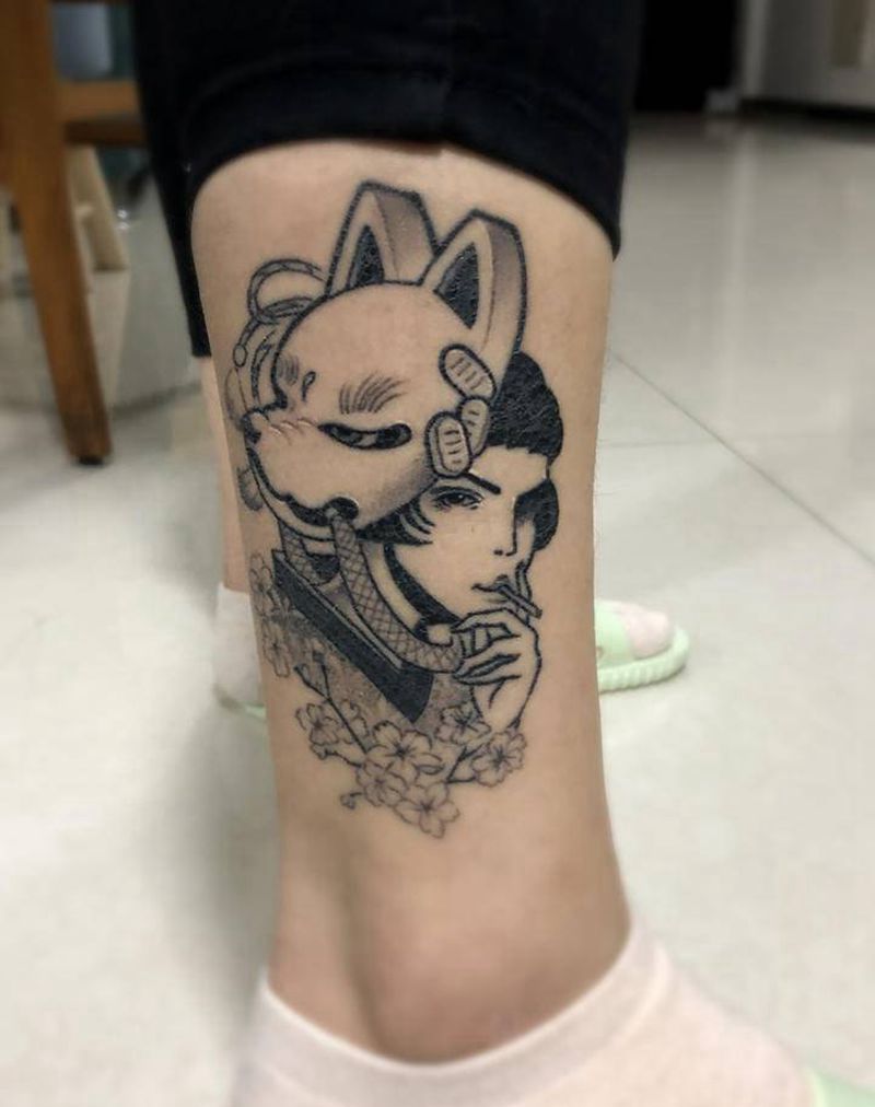 艺妓纹身图片_腿部Old School老传统纹身图案