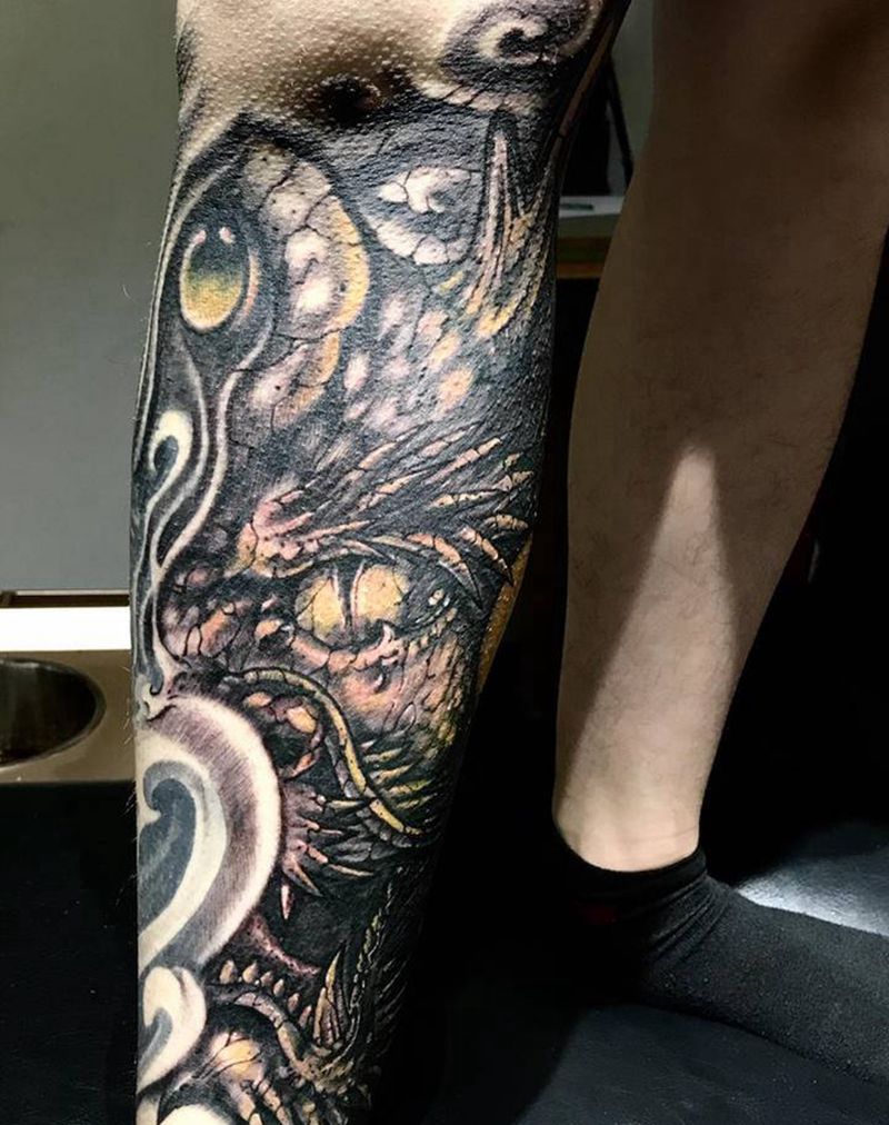 龙头纹身图片_腿部欧美写实纹身图案