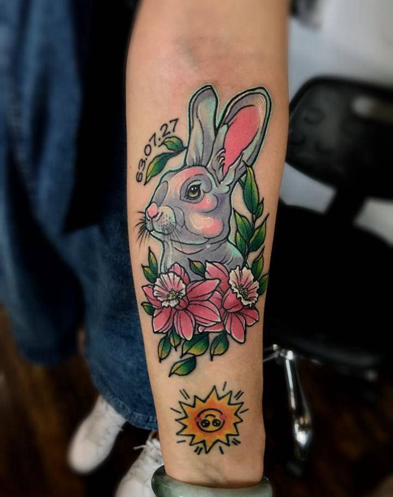 兔子纹身图片_手臂New School水彩纹身图案