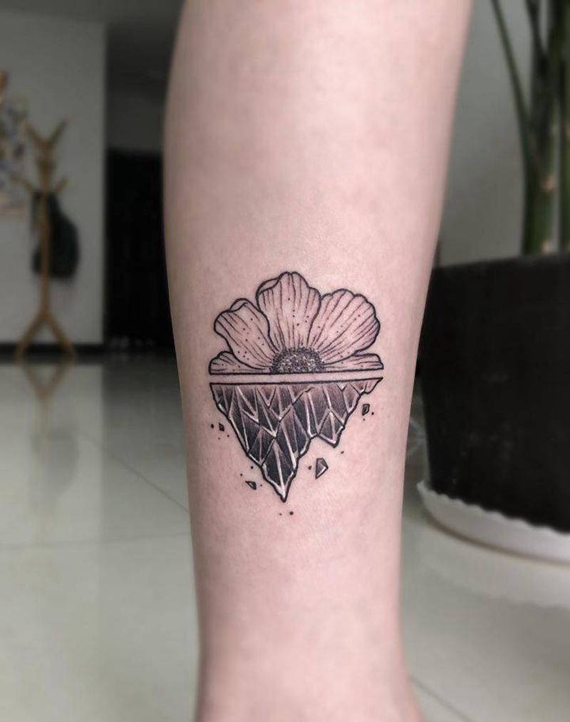 花与冰山纹身图片_腿部New School图腾纹身图案