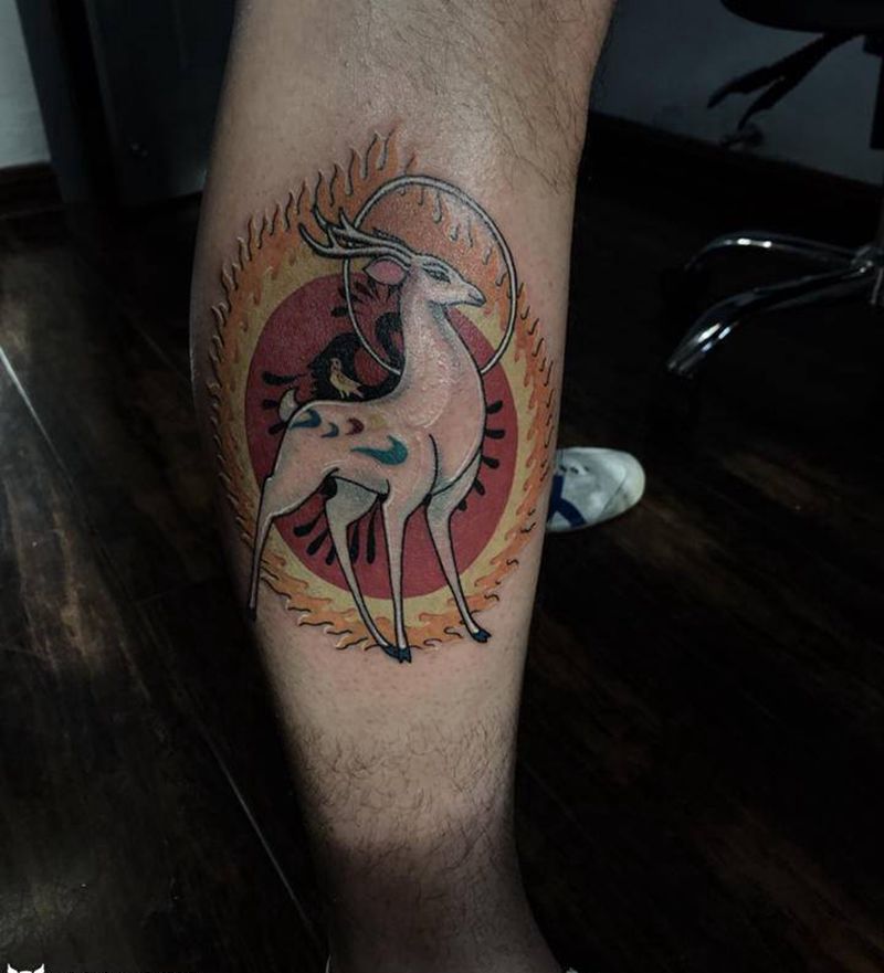 九色鹿纹身图片_腿部水彩纹身图案