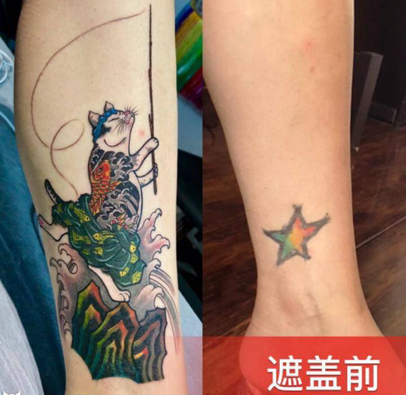 纹身猫纹身图片_腿部新传统老传统纹身图案