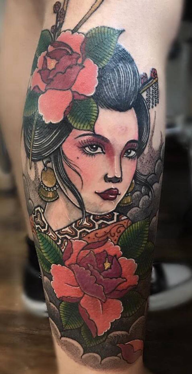 艺妓纹身图片_腿部新传统老传统纹身图案