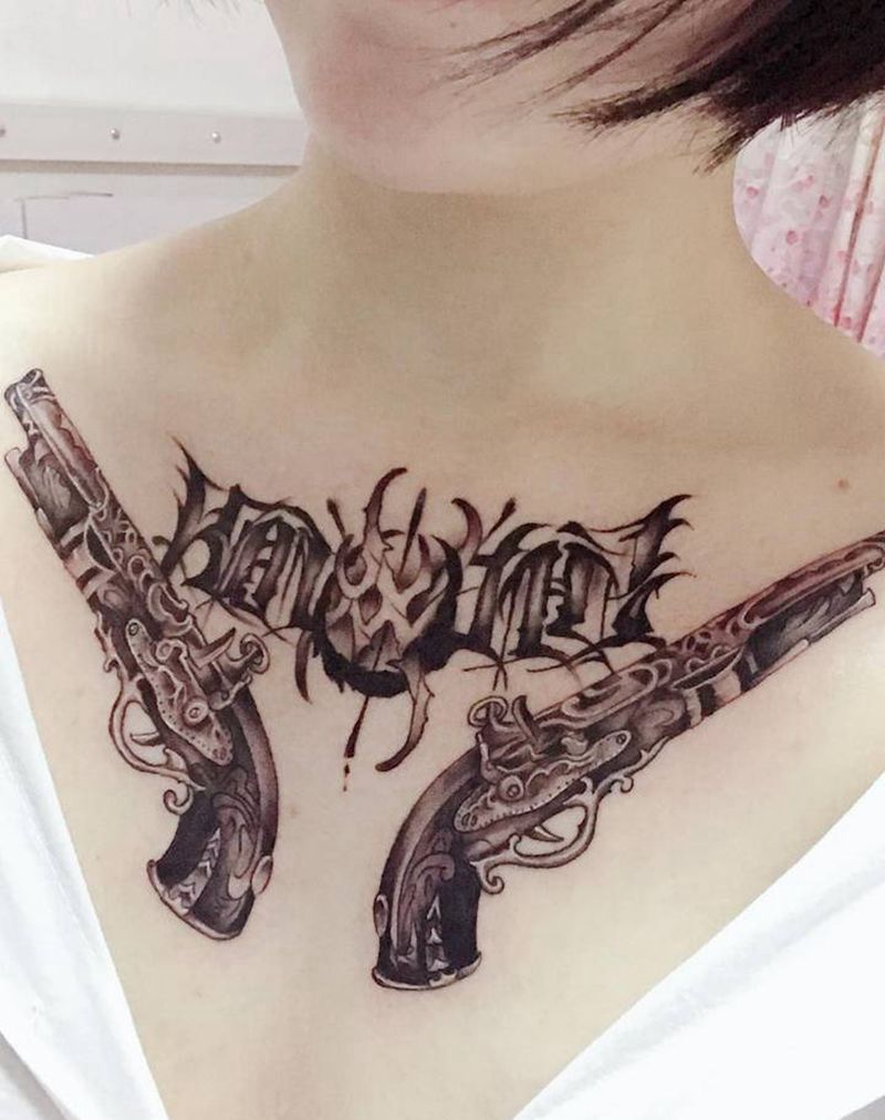 双枪纹身图片_胸部Old SchoolNew School双枪纹身图案