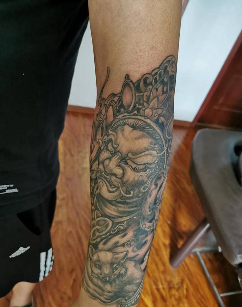 四大天王纹身图片_手臂老传统新传统四大天王纹身图案