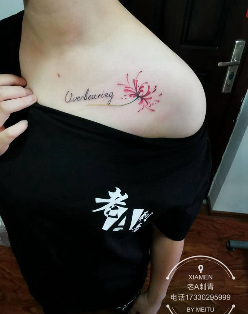 彼岸花纹身图片_颈部新传统彼岸花纹身图案