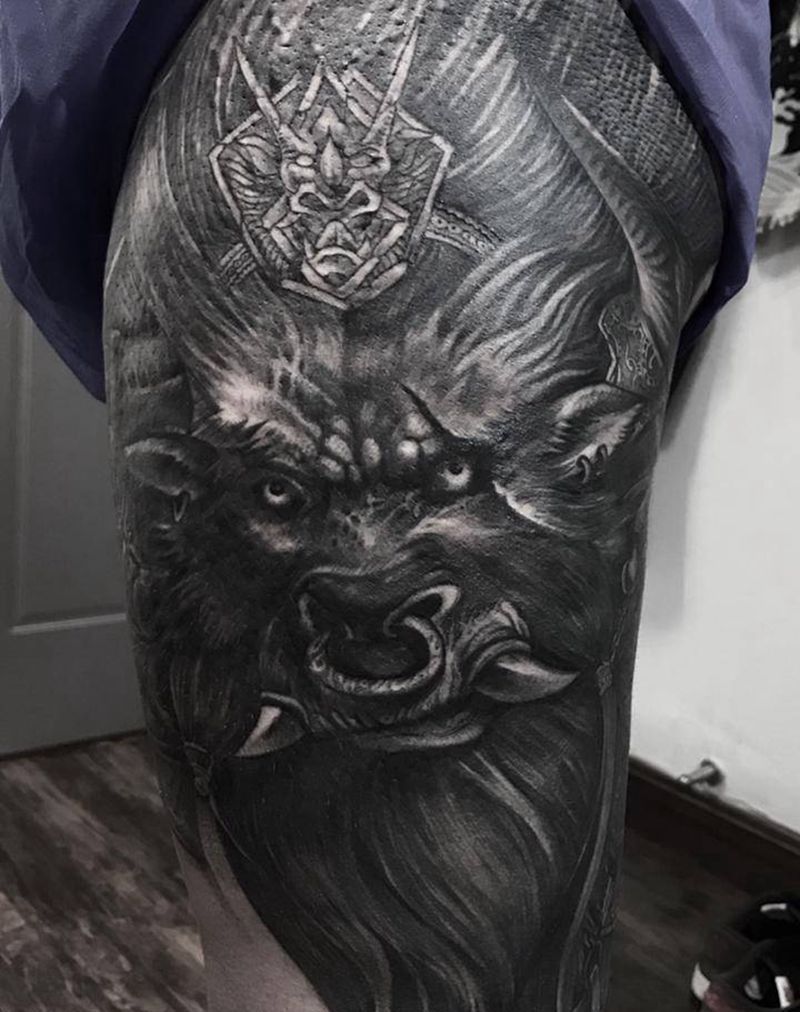 牛魔王纹身图片_腿部新传统欧美写实纹身图案