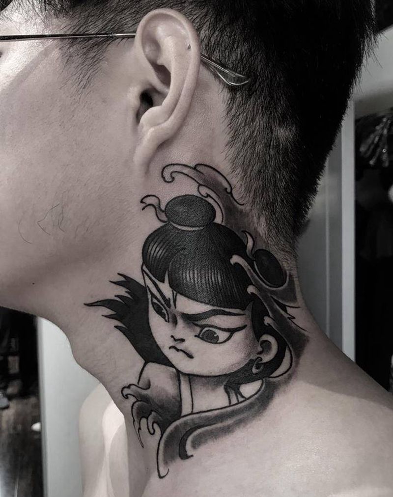 哪吒纹身图片_颈部老传统水墨纹身图案
