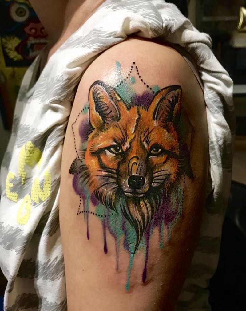 狐狸纹身图片_手臂欧美写实水彩纹身图案