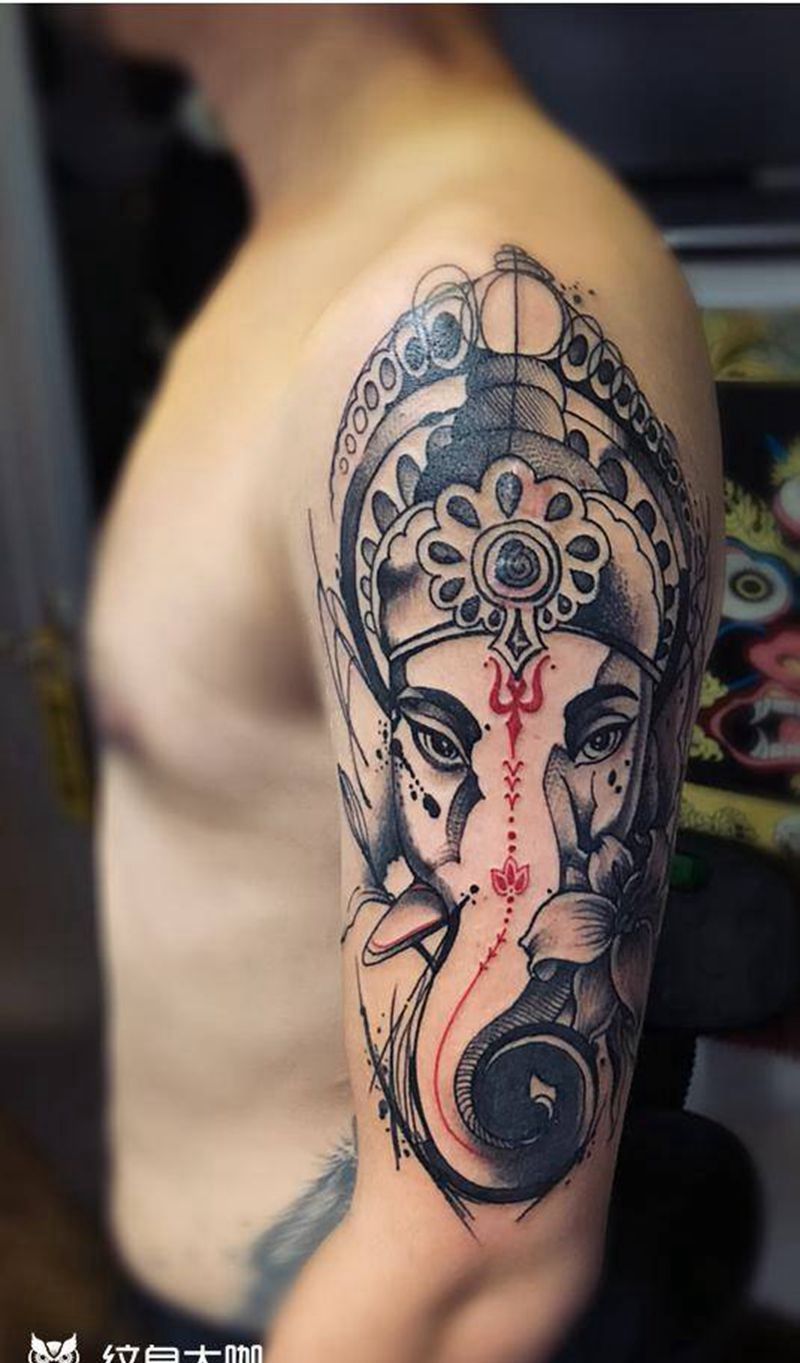 象神纹身图片_肩部手臂水墨水彩纹身图案