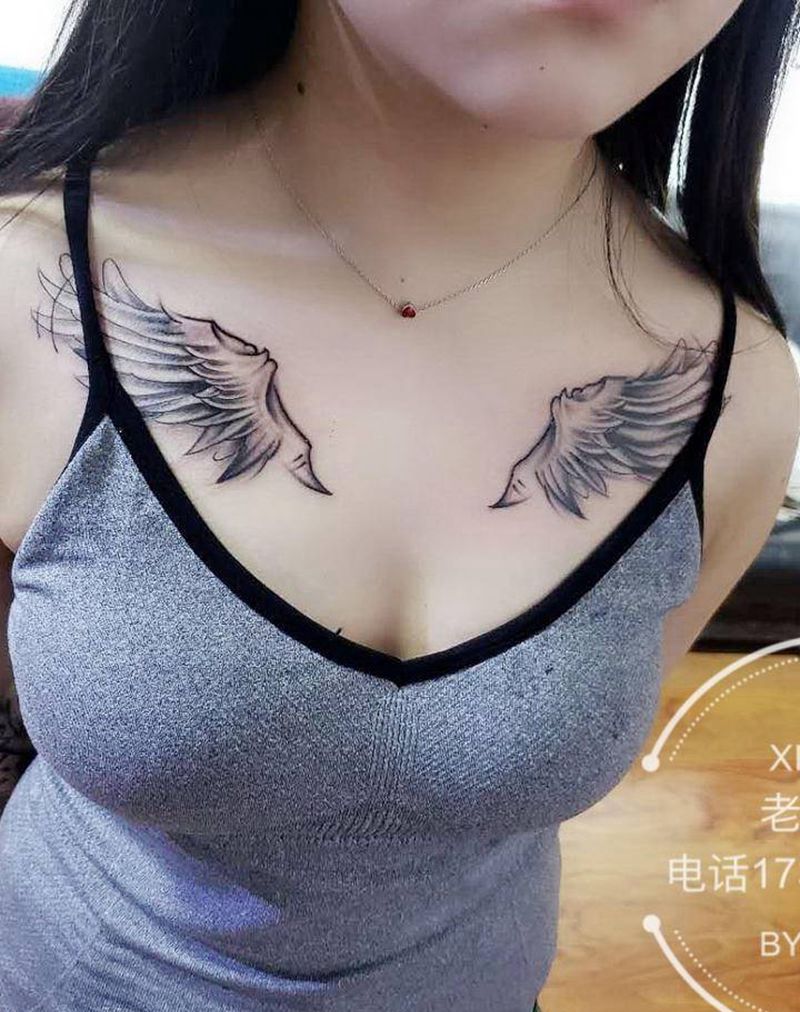 翅膀纹身图片_胸部颈部新传统翅膀纹身图案