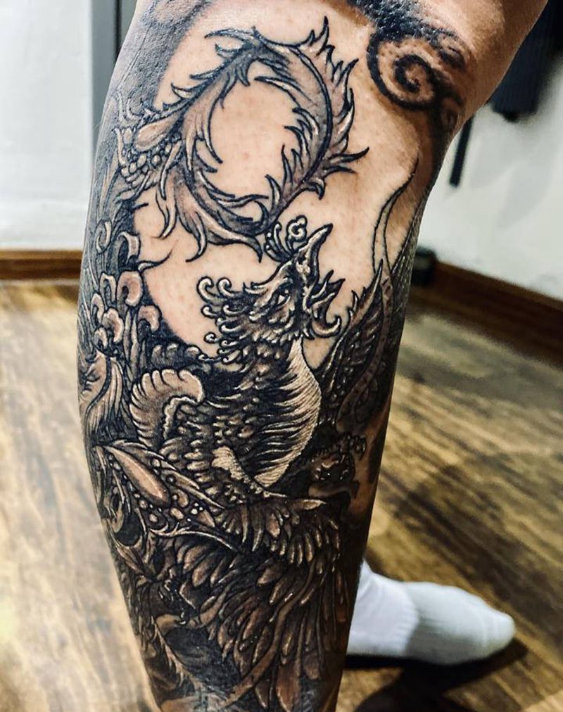 凤凰纹身图片_腿部新传统纹身图案